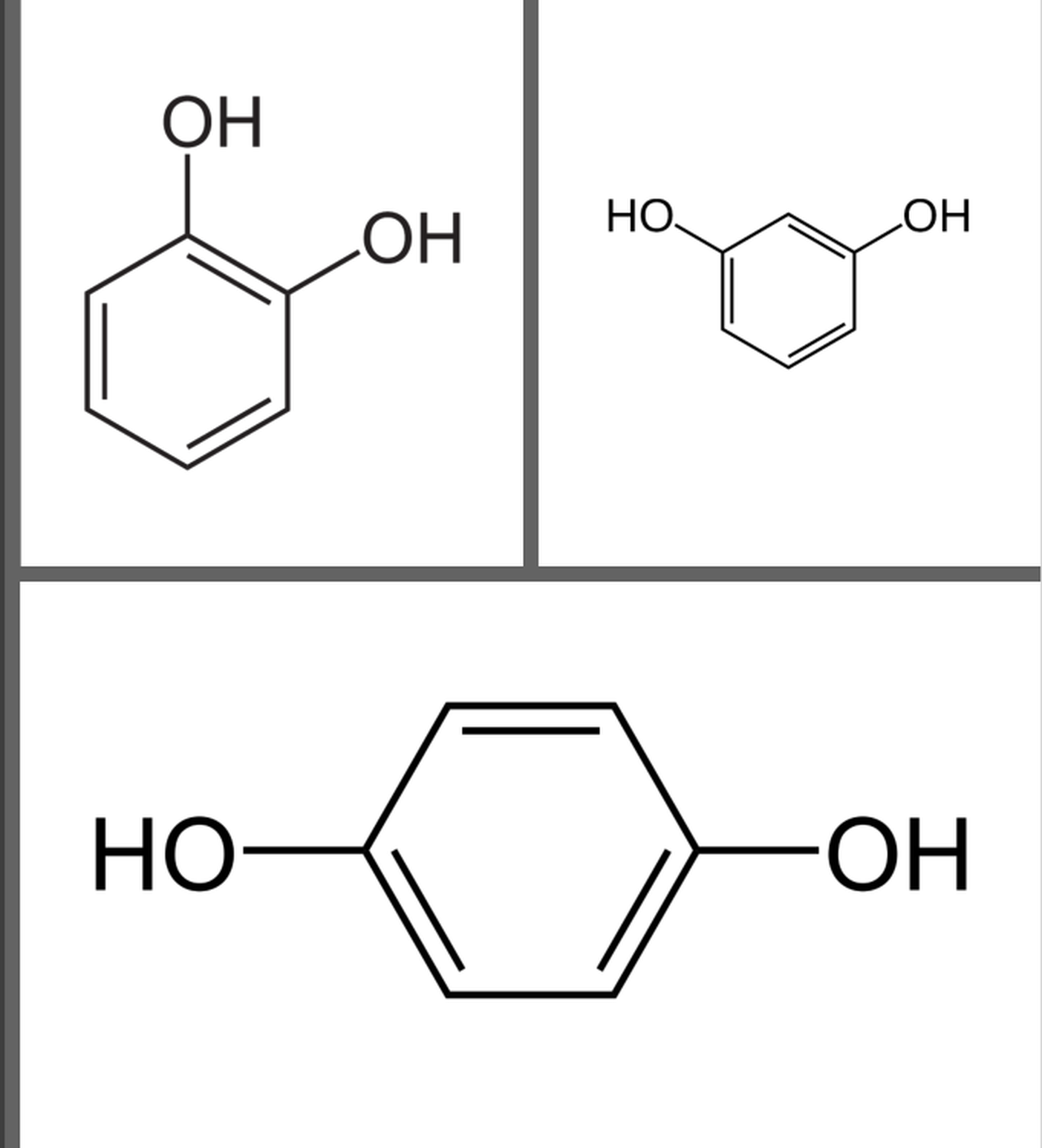Three isomers of C6H6O2 differing only in the position of two OH groups
